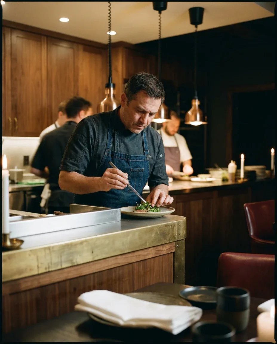 The head chef plating a course at the pass