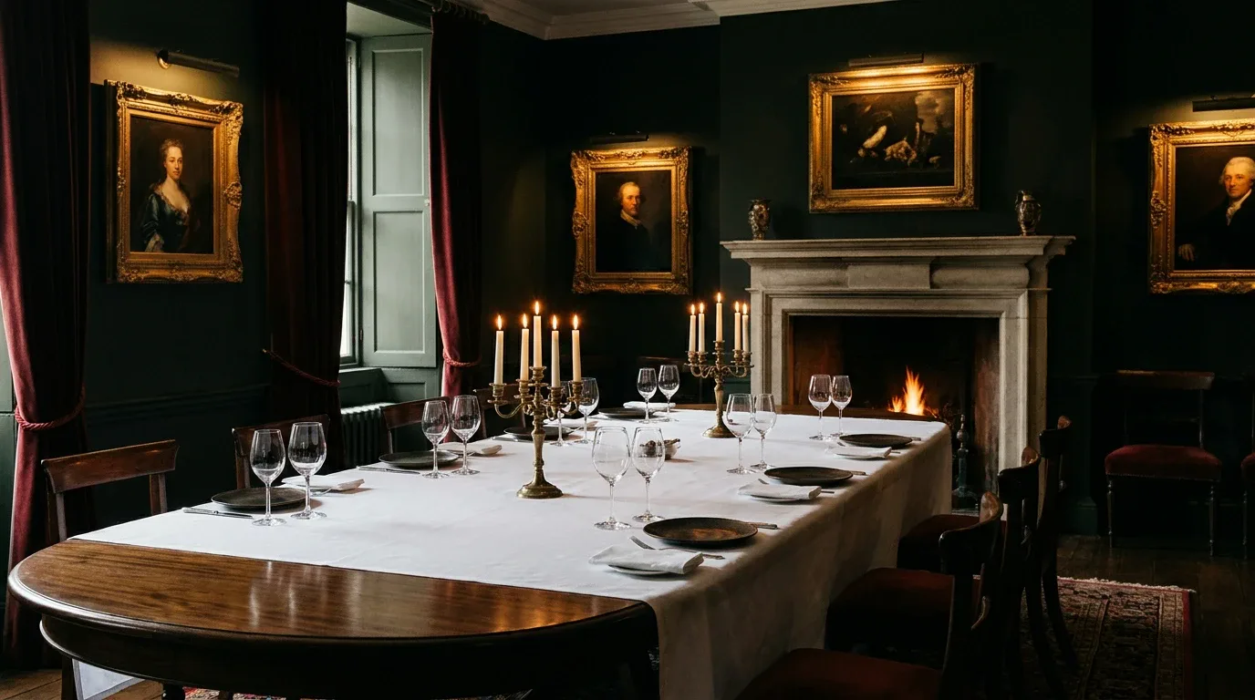 The private dining room set for twelve beside the fireplace